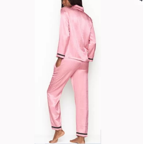 VS Satin Long Sleeve Button Up Pajama Set Black V Embroidery & Pink Pinstripe - Picture 4 of 10